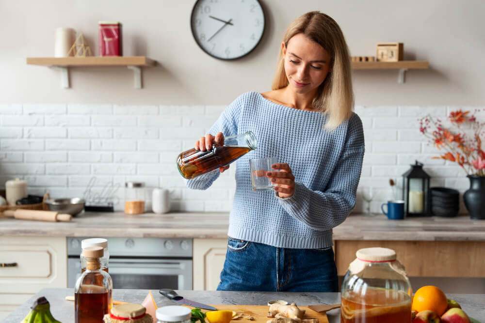donna beve tisanta digestiva per contrastare la digestione lenta